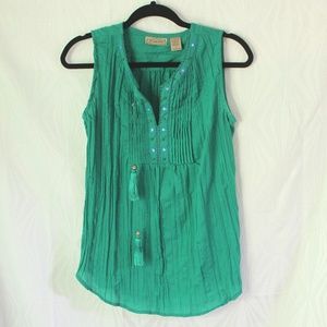 Art and Soul Green Embroidered S/L Top Sz S